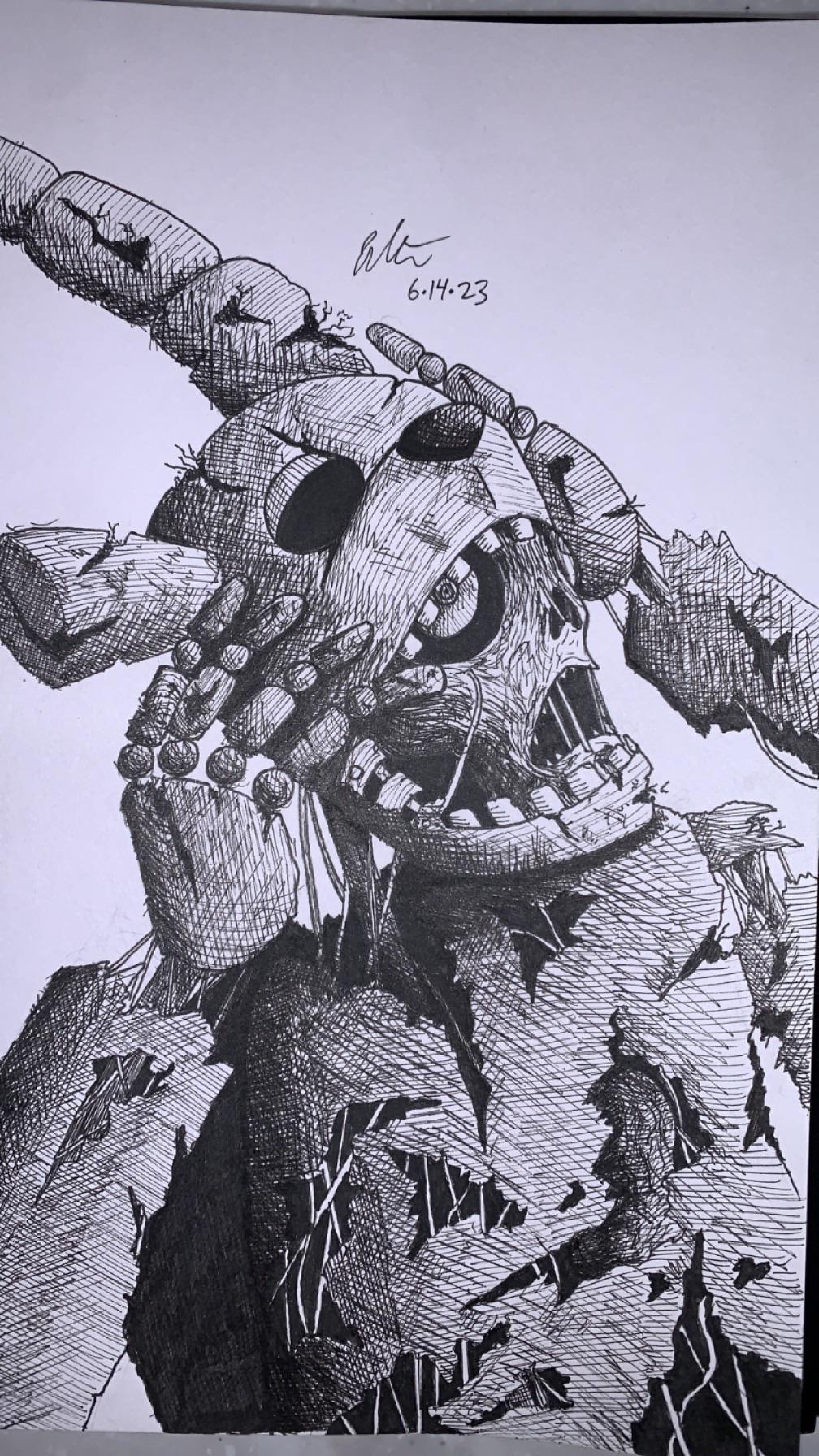 Pen and ink springtrap drawing rfivenightsatfreddys