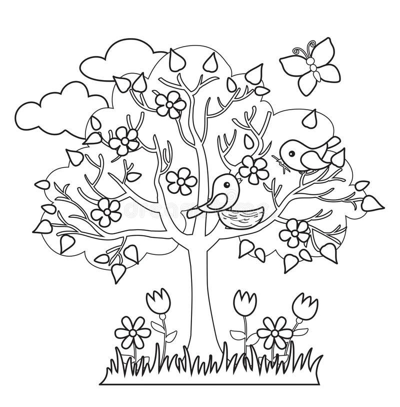 Spring tree birds build nests seasonal signs of spring stock vector