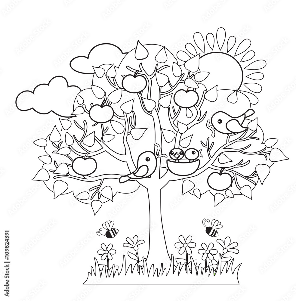 Spring tree birds build nests seasonal signs of springvector illustration on white background coloring vector