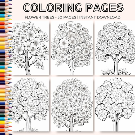 Coloring pages tree flowers printable pdf sheets floral trees coloring pages instant download flower blooms floral blossom