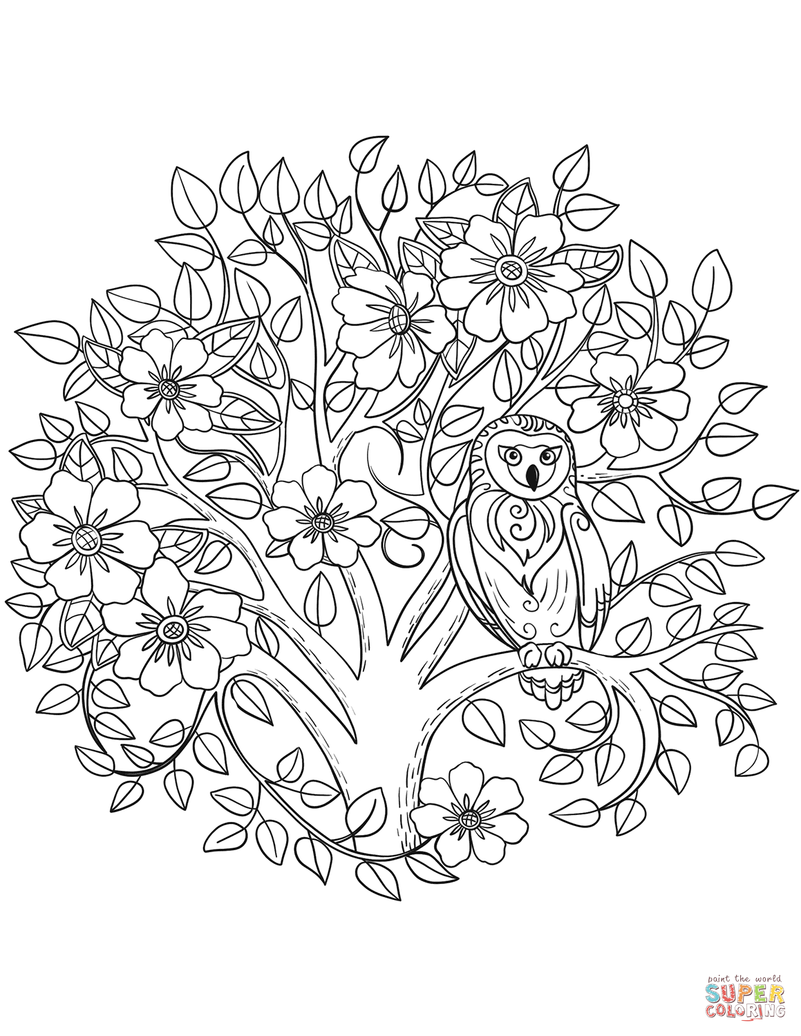 Owl and blooming tree coloring page free printable coloring pages