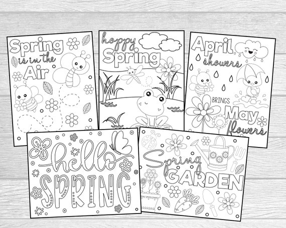 Printable spring coloring pages for kids or adults instant digital download first day of spring spring garden hoppy spring coloring