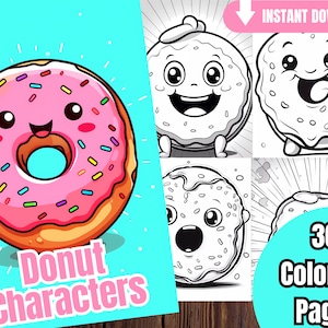 Donut characters coloring book pages adults and kids coloring pages kawaii coloring instant download grayscale printable pdf file