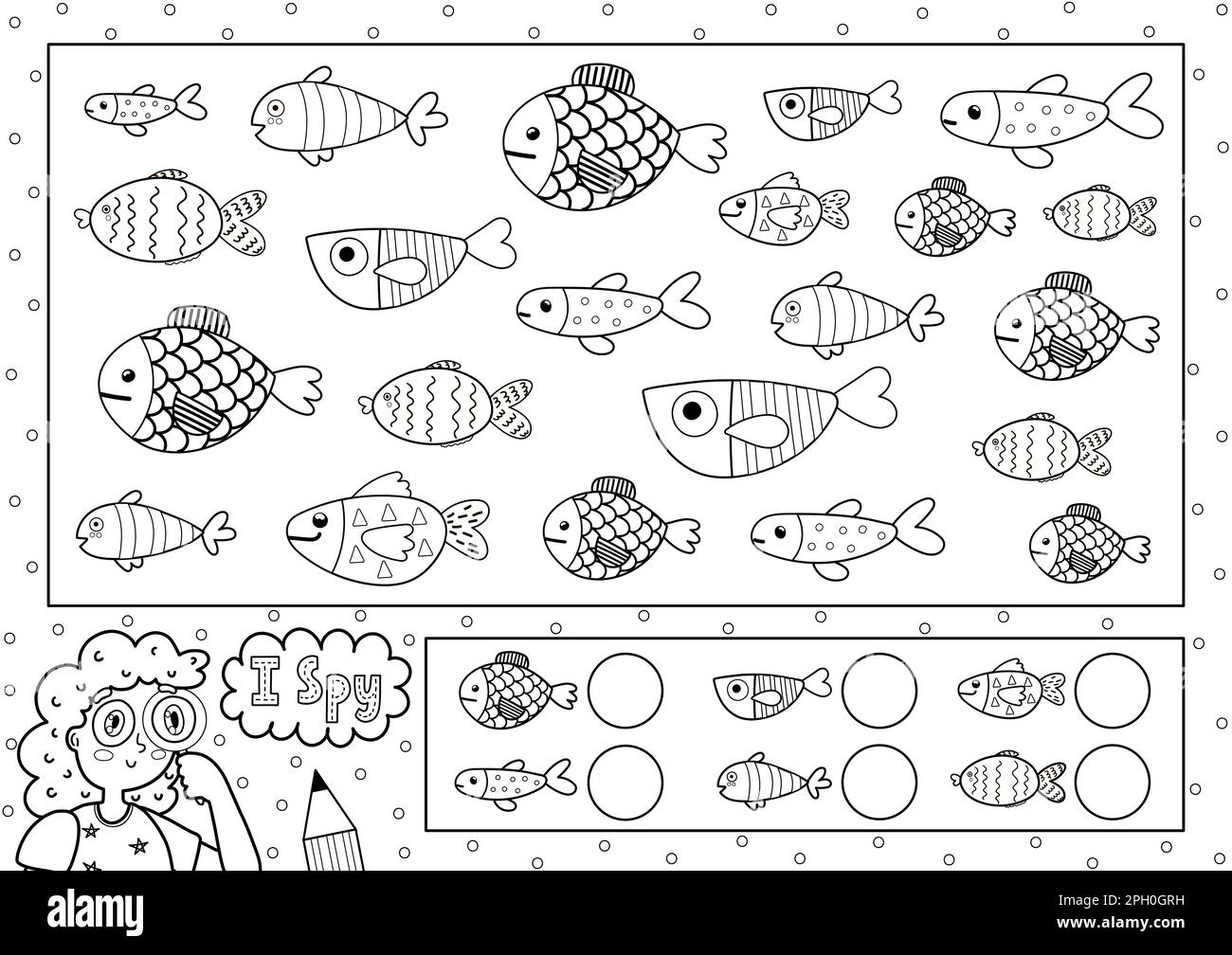 I spy game coloring page for kids find and count cute fish stock vector image art
