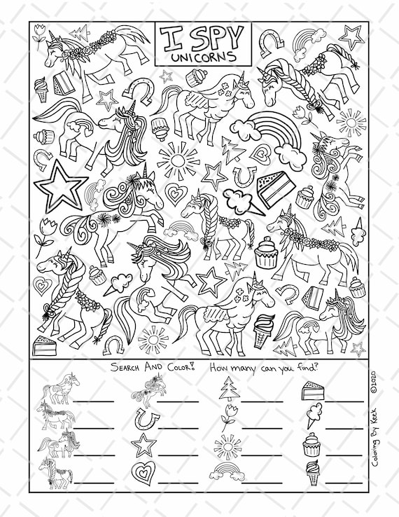 I spy unicorns coloring page printable download colouring page kids search activity printout cute cartoons magical unicorns and treats