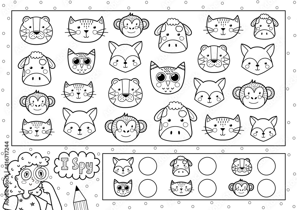 I spy game coloring page for kids find and count cute animals search the same object black and white puzzle how many elements are there vector illustration vector