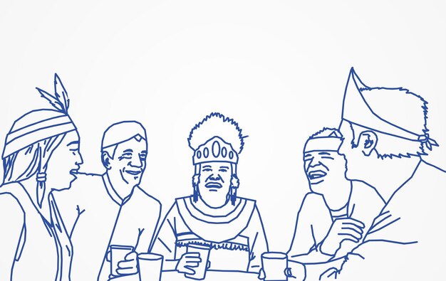 Premium vector lineart illustration of multicultural fraternity mingling with smiles and laughter