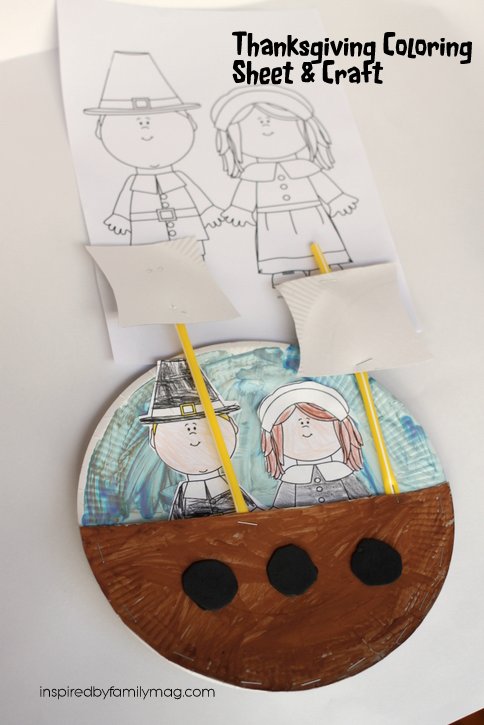Thanksgiving coloring page and mayflower ship craft