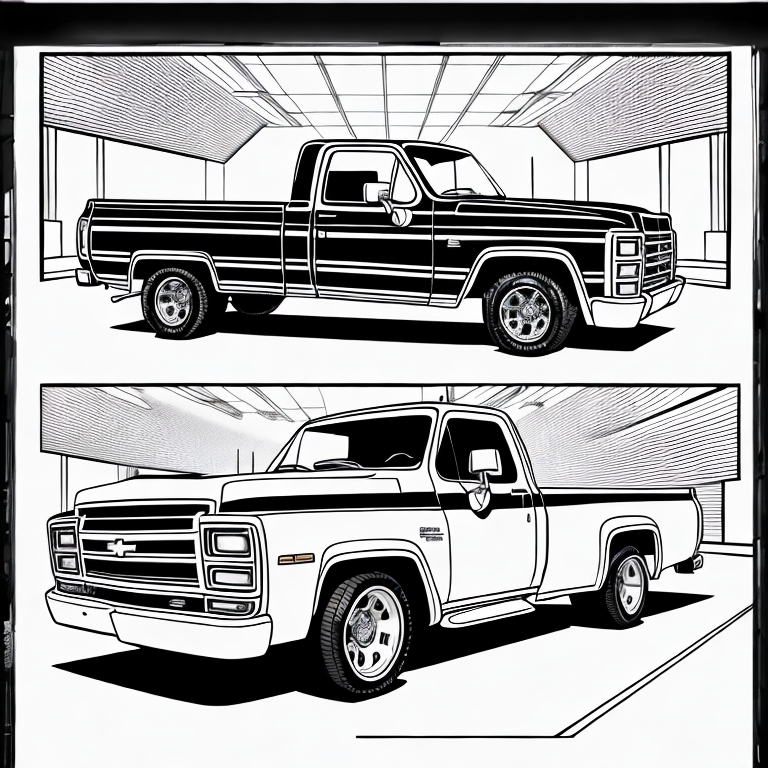 Black and white coloring page s chevy truck on the highway cartoon style thick lines low detl no shading aspect ratio