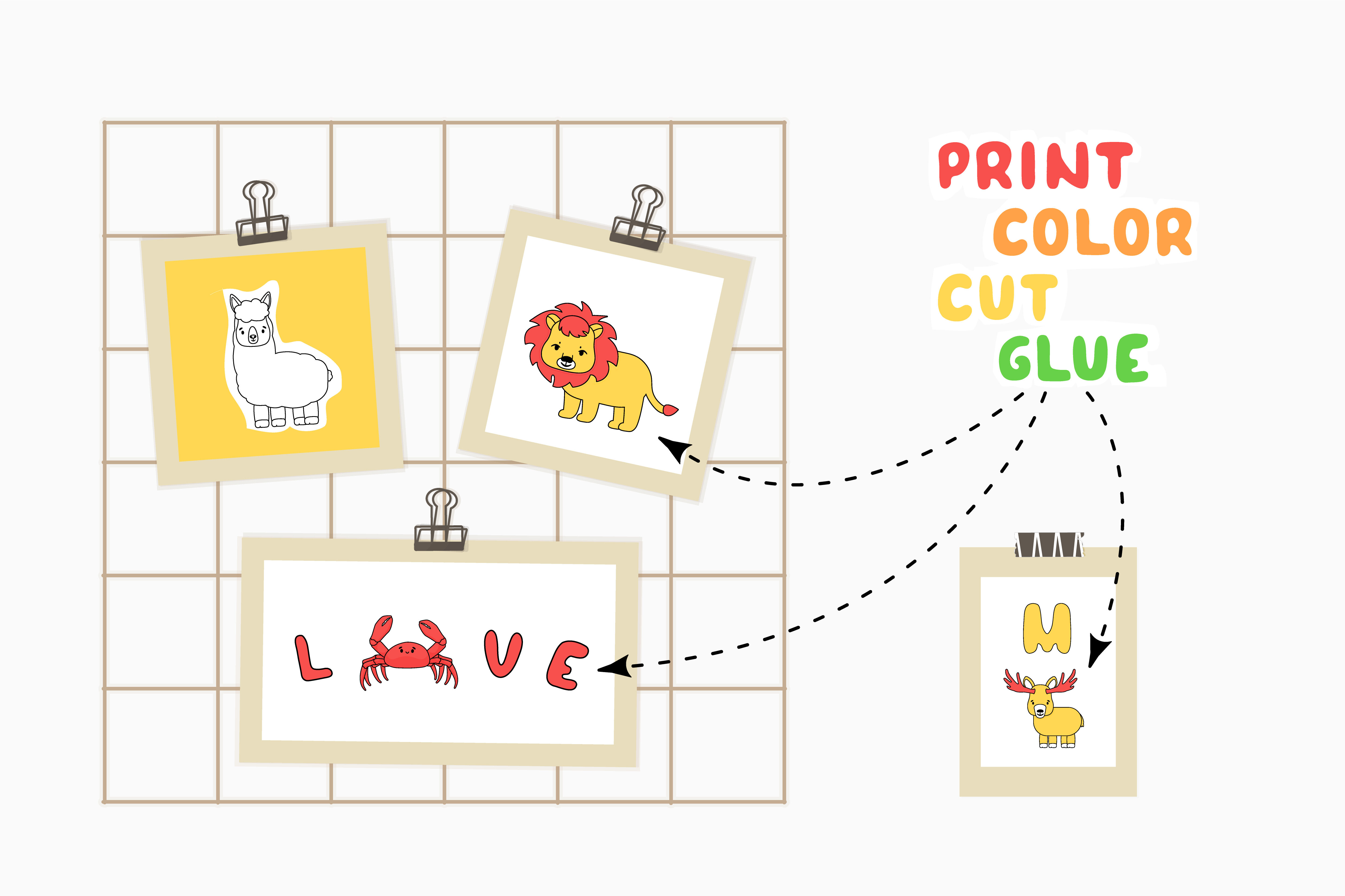 Alphabet flashcards coloring pages with animals print color cut glue by essskina