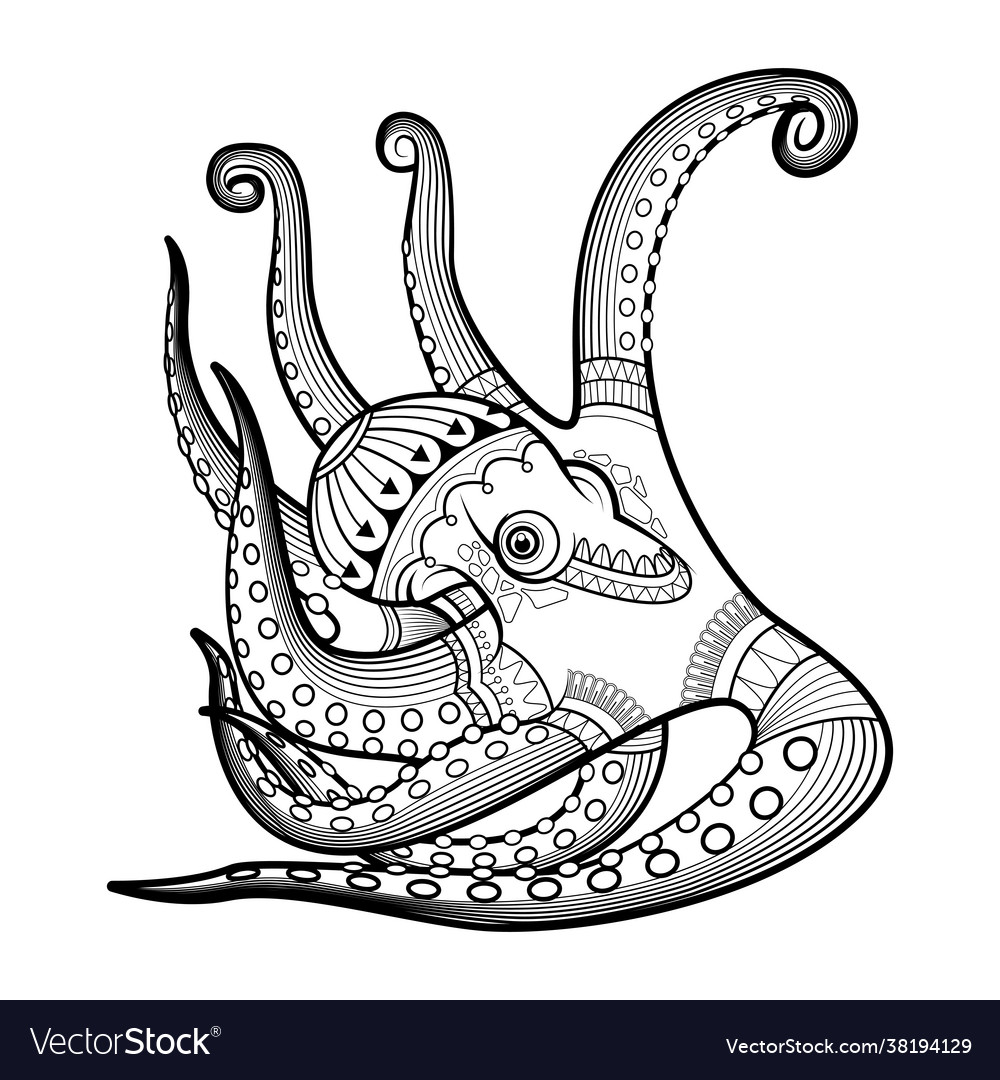 Squid black white hand drawn coloring page vector image