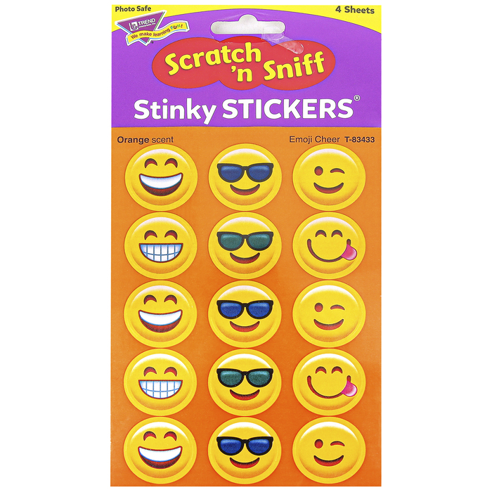 Emoji cheer orange scratch n sniff stinky stickers large round pack