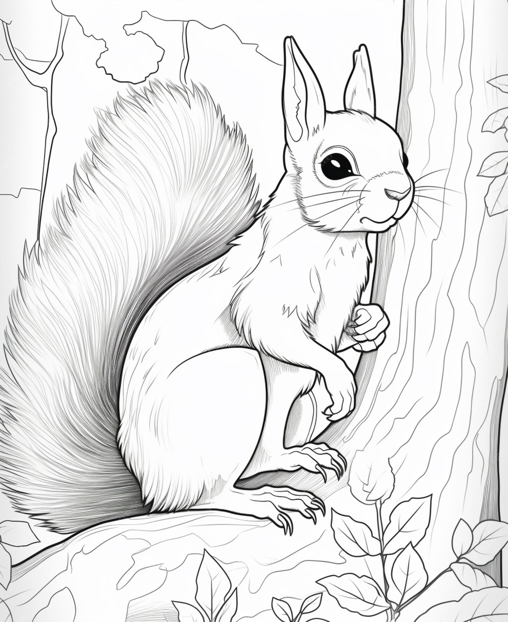 Premium photo coloring pages of a squirrel sitting on a tree branch generative ai