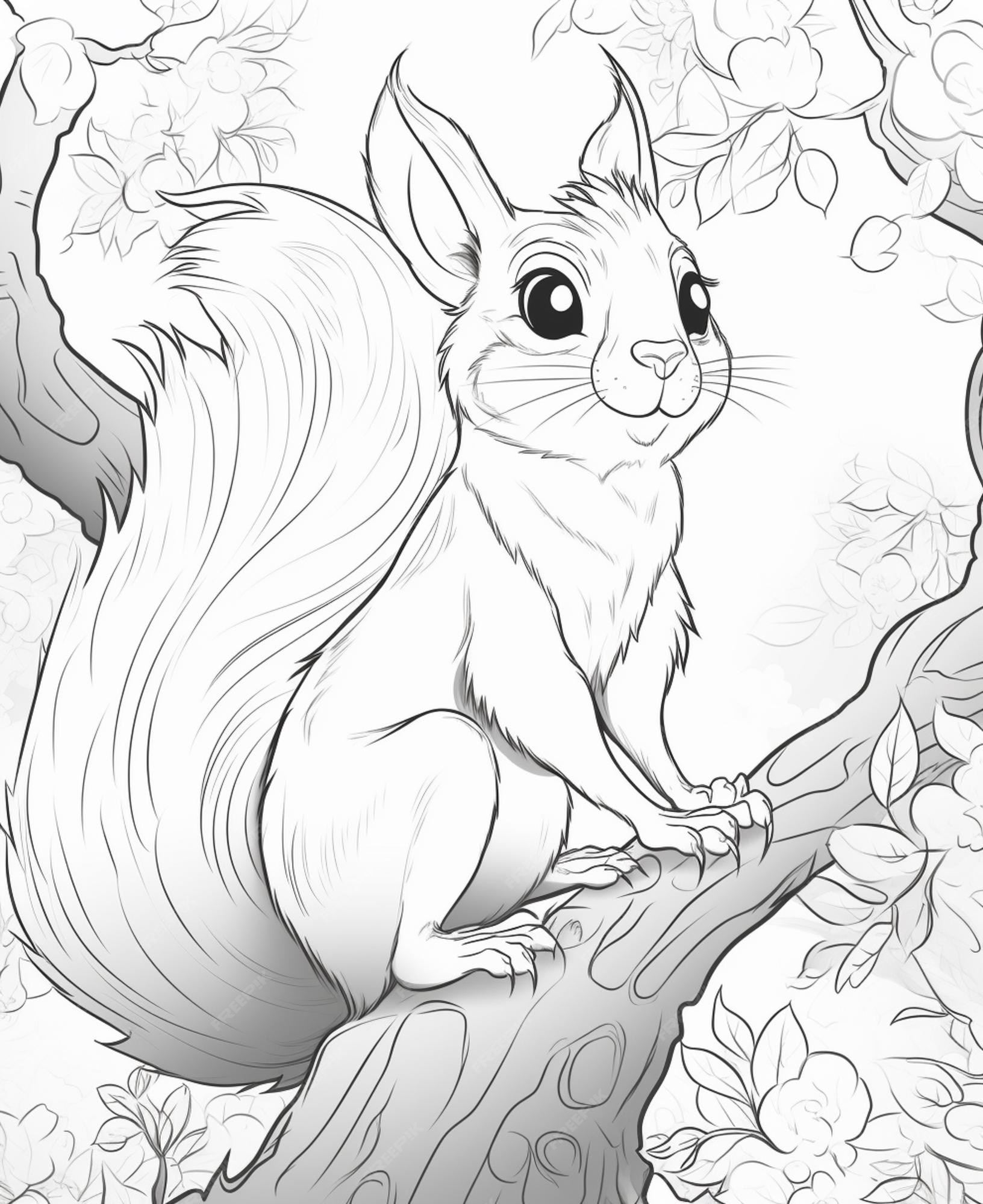 Premium photo coloring pages of a squirrel sitting on a branch of a tree generative ai