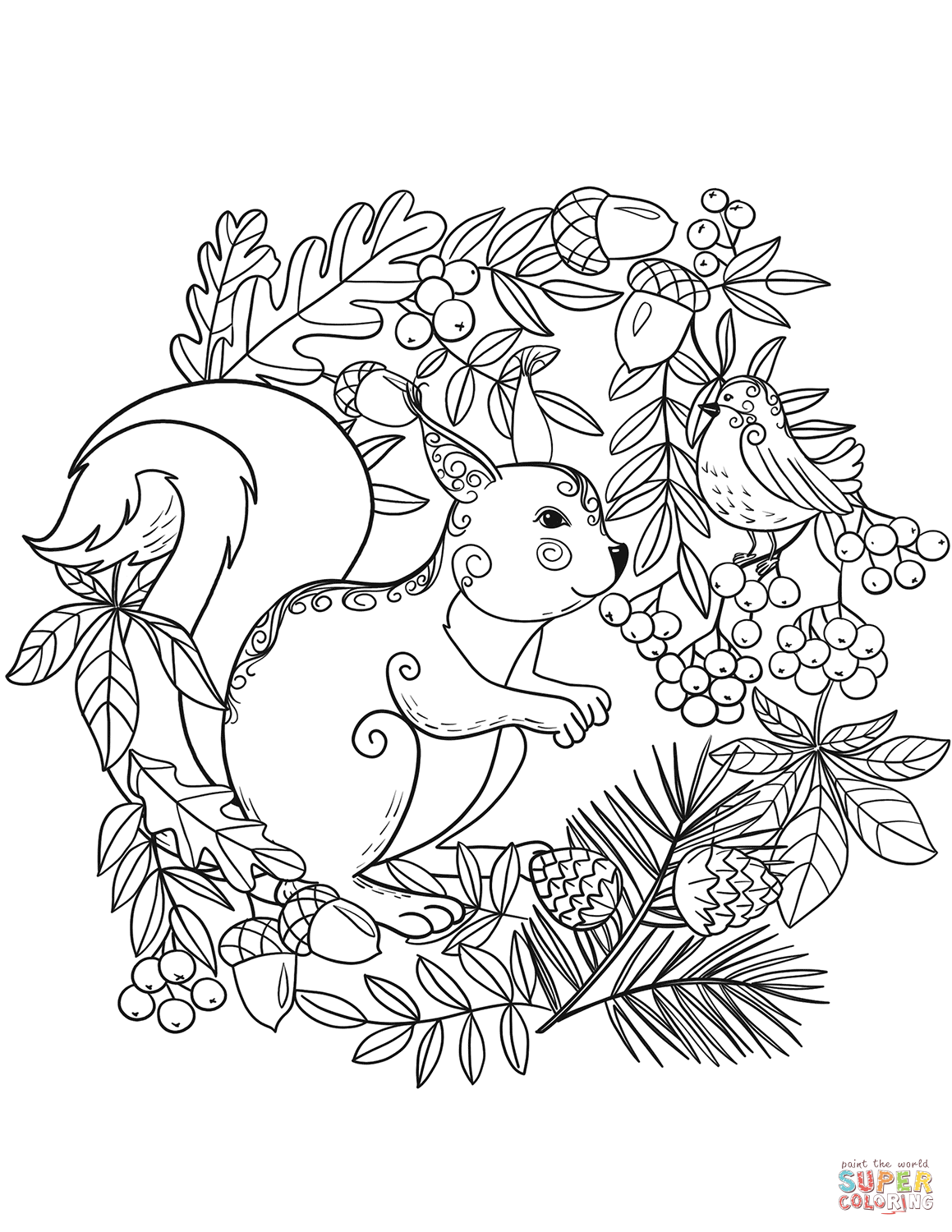 Squirrel and a bird coloring page free printable coloring pages