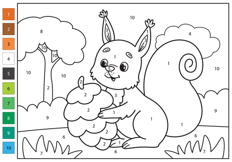 Squirrel color by number free printable coloring pages