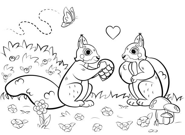 Printable coloring page outline of cute cartoon squirrels in love in a clearing vector image coloring book of forest wild animals for kids stock illustration