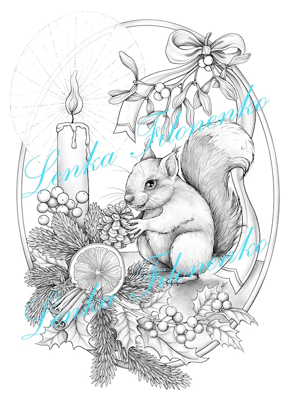 Coloring page for adults christmas squirrel grey scale pdf download and print