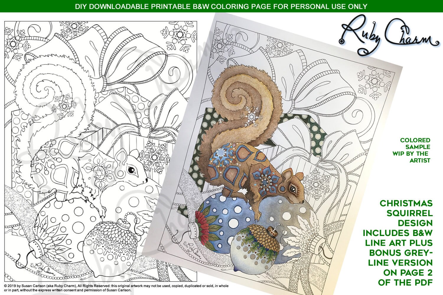 Christmas holiday squirrel downloadable pdf print and color adult coloring colouring page winter snowflakes presents bows bulbs