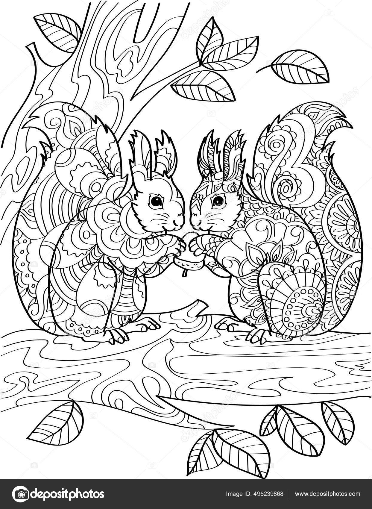 Two squirrels standing holding acorn on top tree branch with leaves line drawing chipmunks facing each other eating nut on forest wood coloring book stock vector by nialowwa
