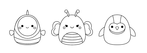 Premium vector butterfly parrot clown fish coloring page squishmallow black and white animals vector