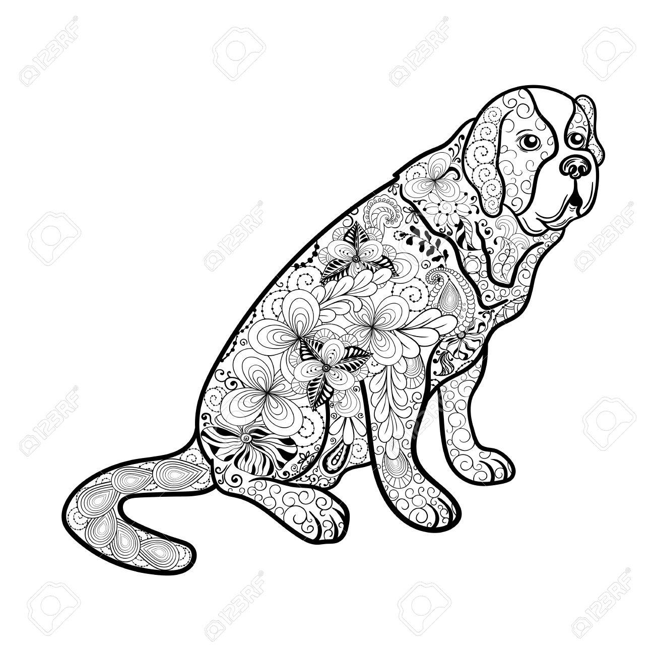 Illustration st bernard dog was created in doodling style in black and white colors painted image is isolated on white background it can be used for coloring books for adult royalty free