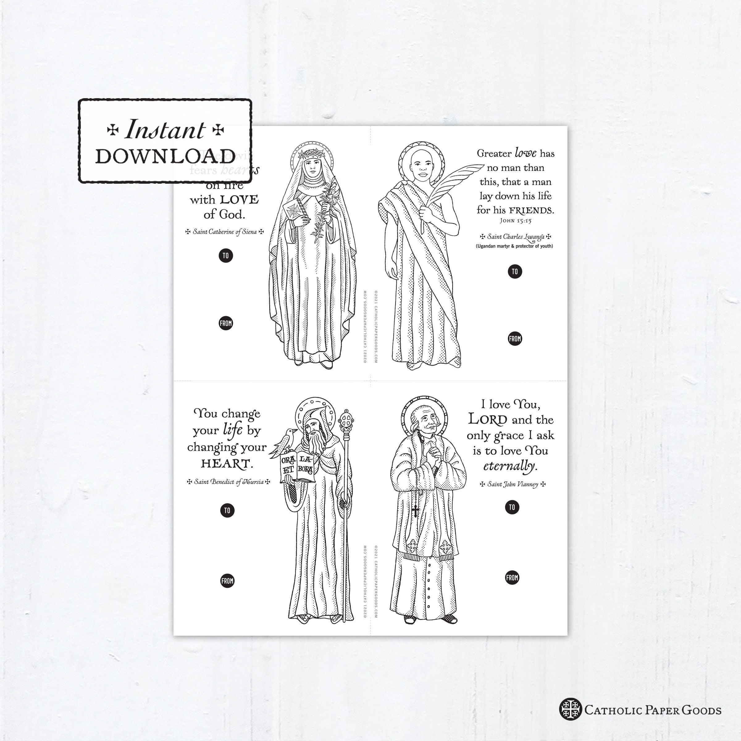 Catholic saints coloring page valentine exchange cards set
