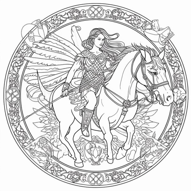 Premium ai image a coloring page of a woman riding a horse with a bird on her shoulder generative ai