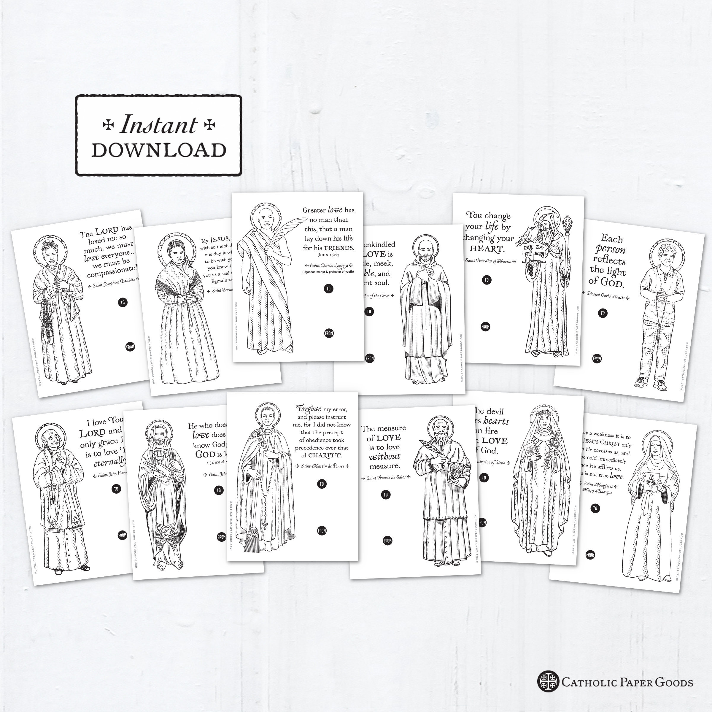 Catholic saints coloring page valentine exchange cards set