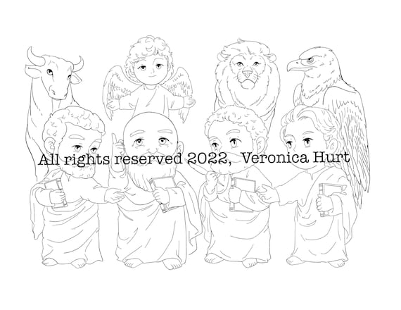 The evangelists coloring page for kids and adults featuring st matthew st mark st luke and st john and their symbols