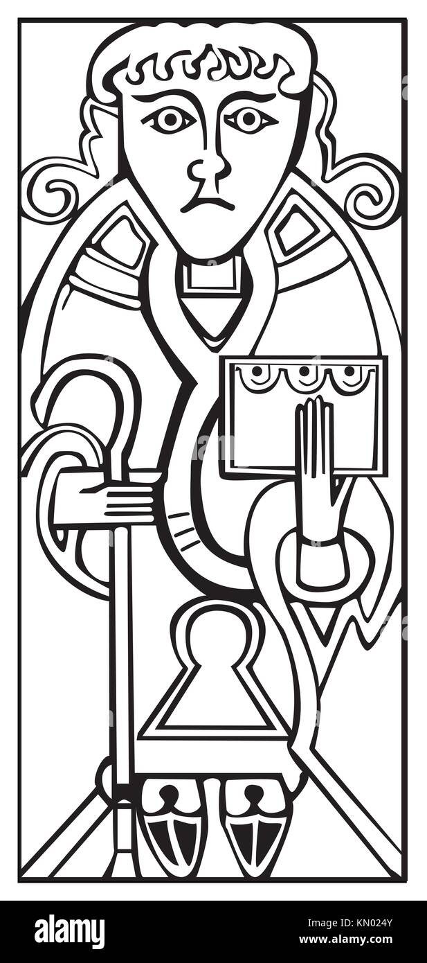 An old celtic symbol of saint luke holding a bible and a cane isolated against a white background stock photo