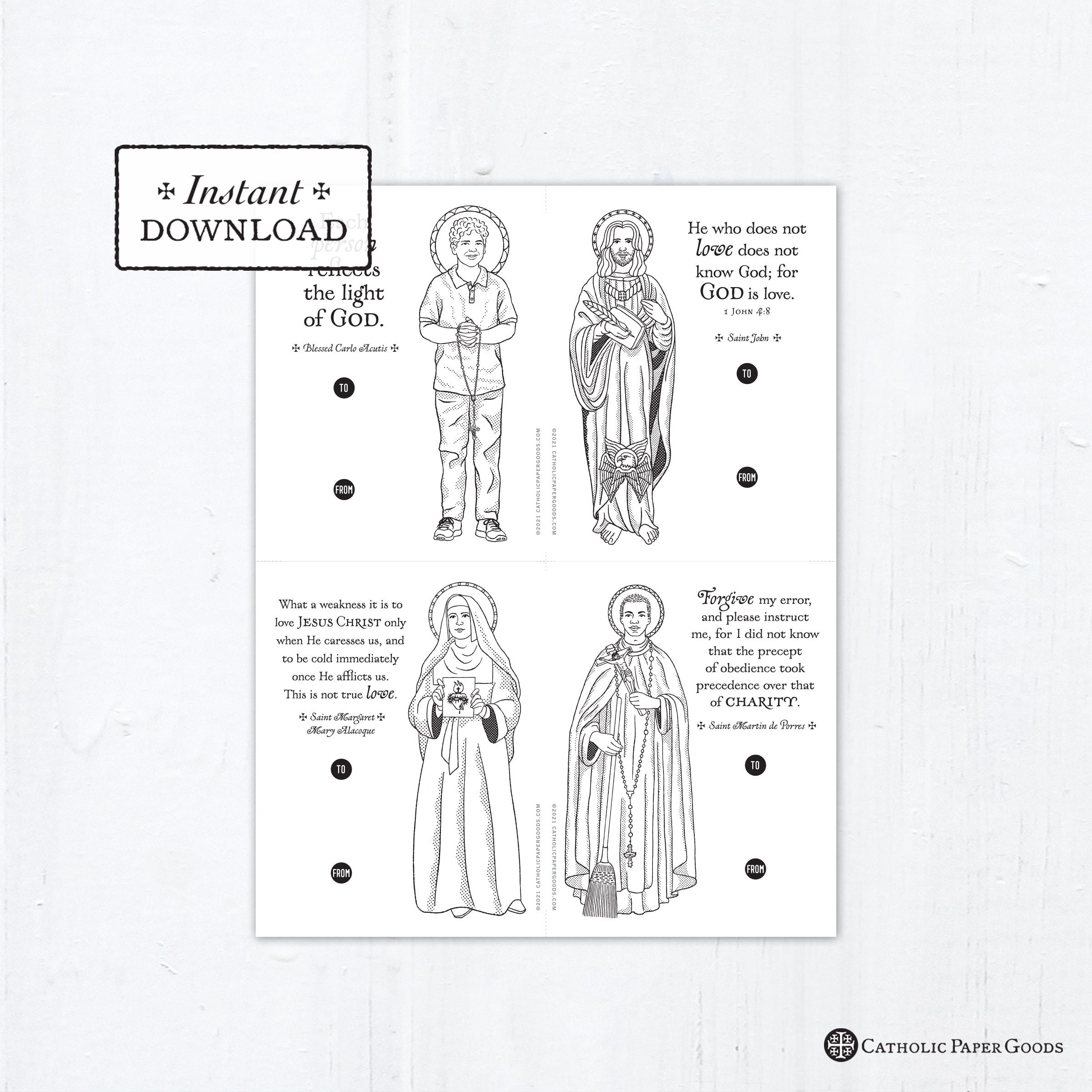 Catholic saints coloring page valentine exchange cards set