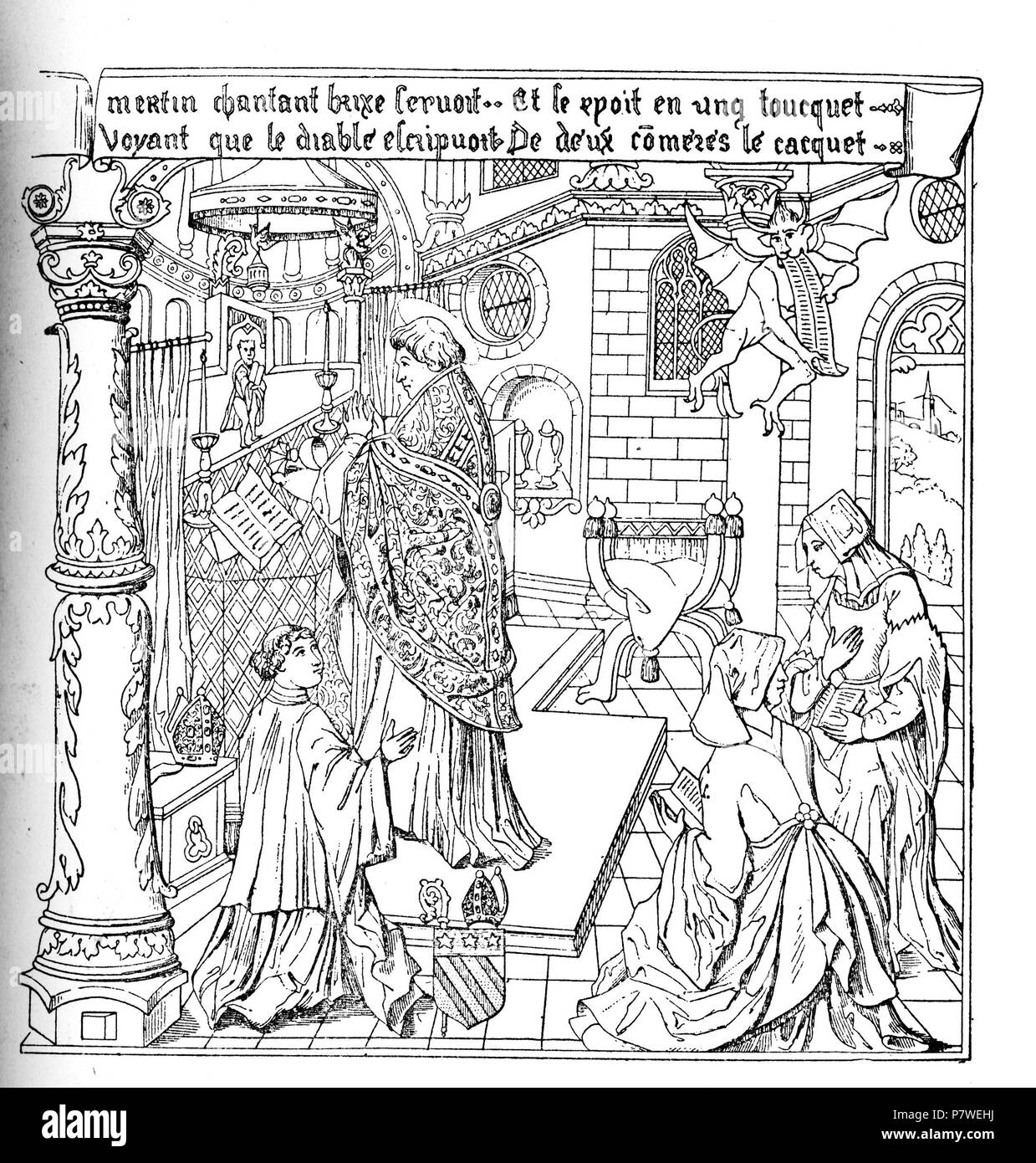 Woodcut drawing of a fourteenth century celebration of st martins mass stmartinsmassengraving stock photo