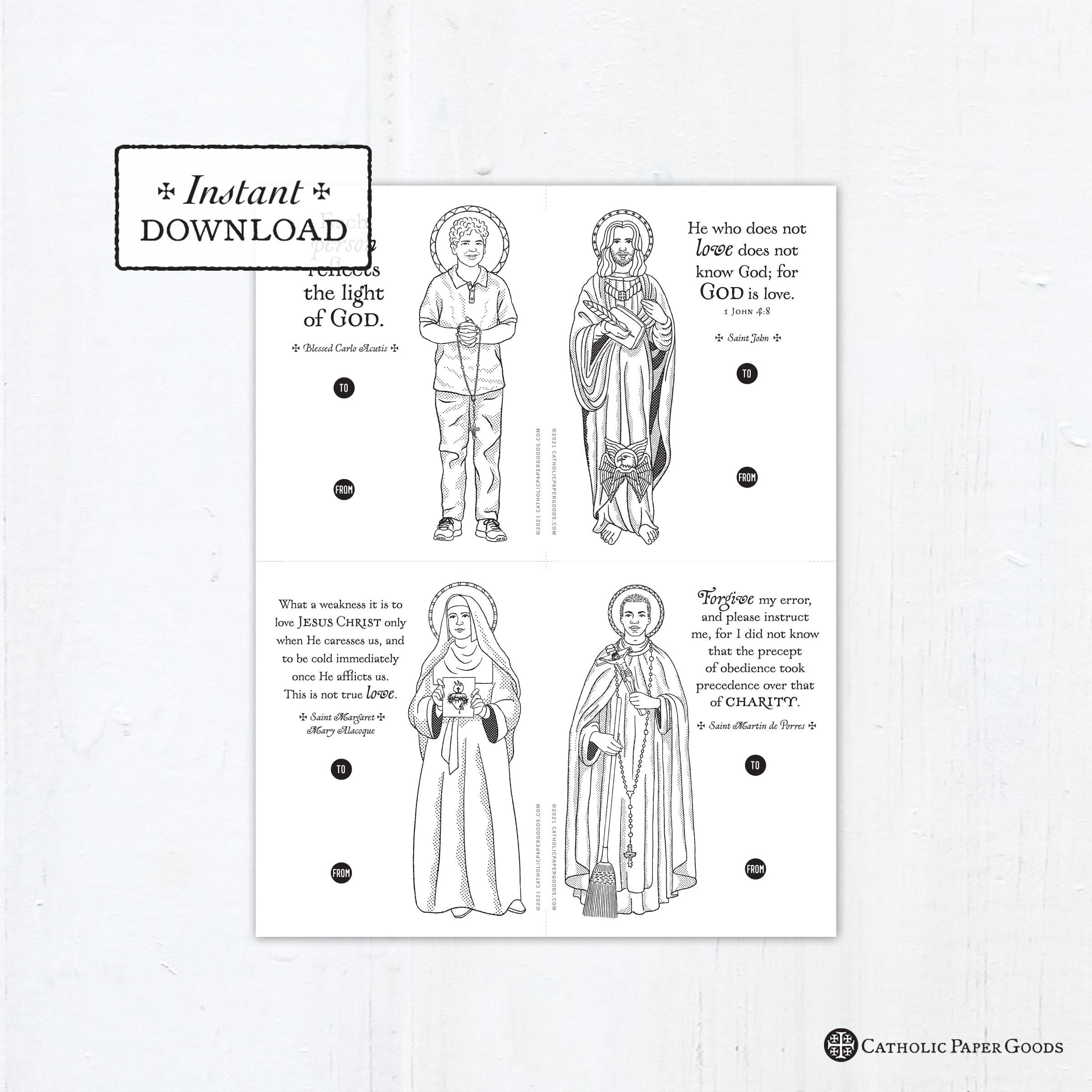 Catholic saints coloring page valentine exchange cards set