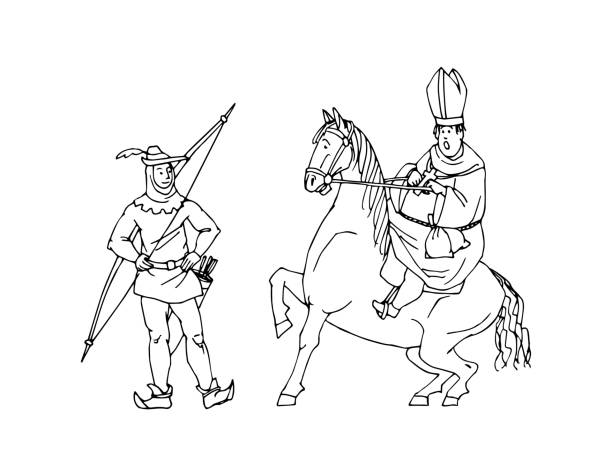 The meeting of robin hood and the priest robbery on a forest path in black ink stock illustration