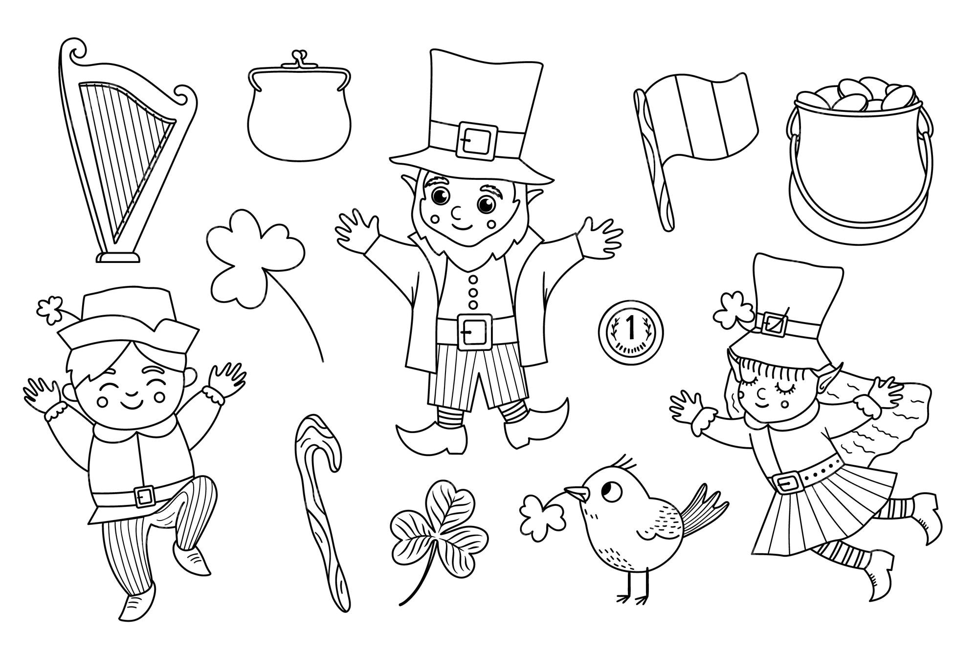 Premium vector vector black and white saint patrick day symbols national irish holiday line icons pack cute funny leprechaun shamrock harp flag outline illustration or coloring pagexa