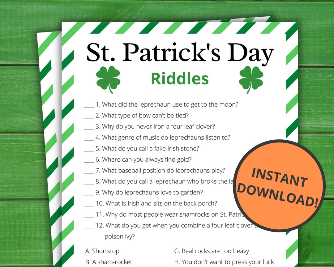 St patricks day riddles st patricks party games st pattys activity for kids and adults virtual and printable party games instant download