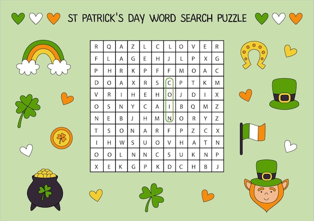 Premium vector saint patrick day word search puzzle for kids funny brain teaser for children