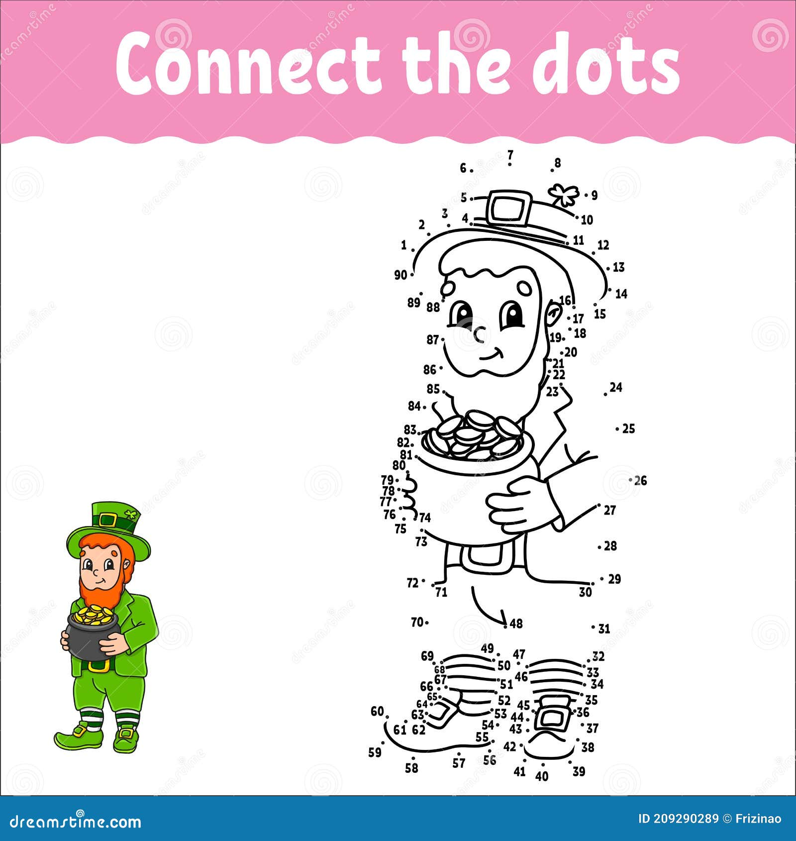 Dot to dot game st patricks day draw a line for kids activity worksheet coloring book with answer cartoon character stock vector