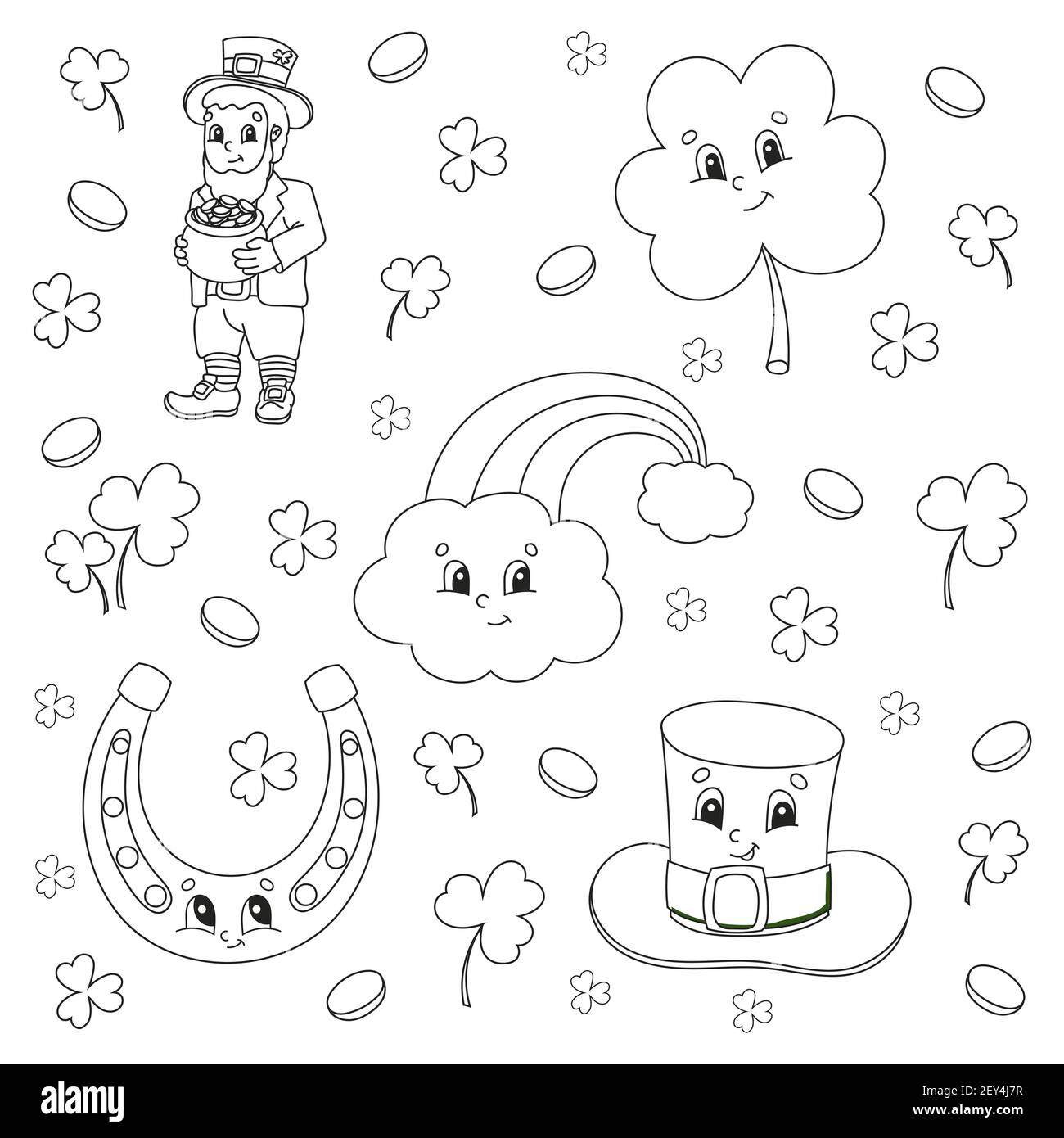 Coloring book for kids st patricks day cheerful characters vector illustration cute cartoon style black contour silhouette isolated on white b stock vector image art