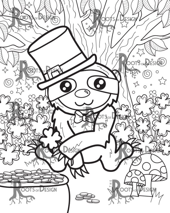 Instant download coloring page st patricks day sloth inspired doodle art printable