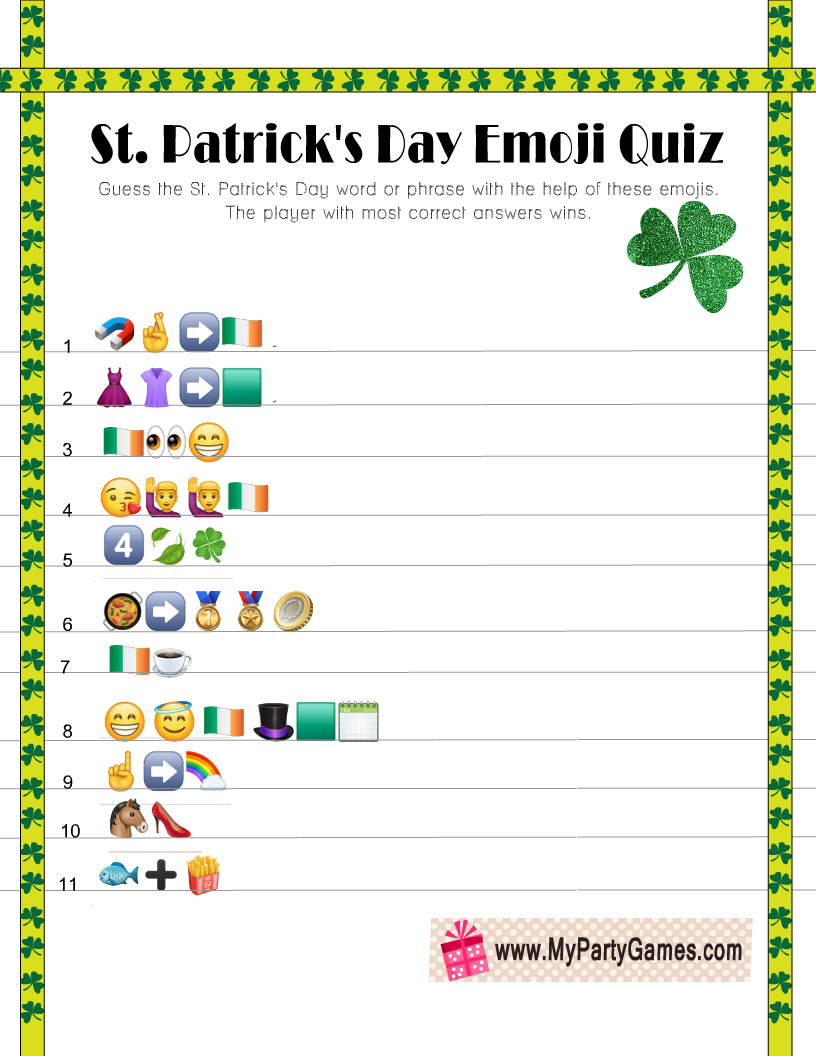 Free printable st patricks day emoji quiz with answer key