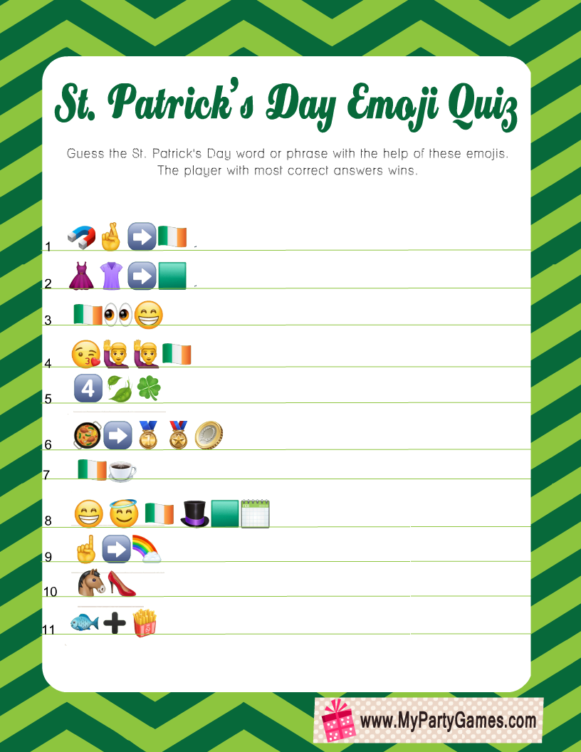 Free printable st patricks day emoji quiz with answer key