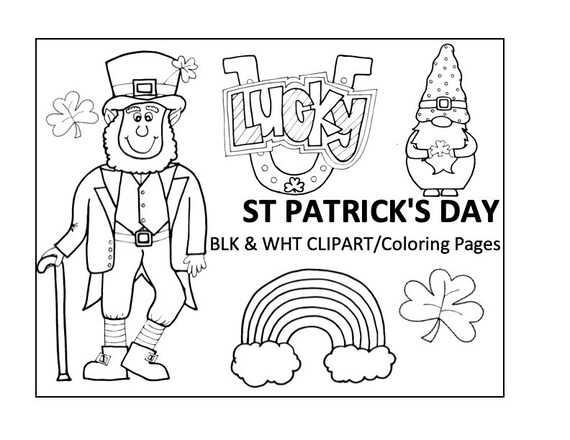 St patricks day coloring pages black white clipart digital download png files