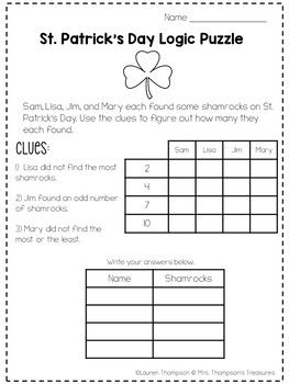 St patricks day logic puzzles free logic puzzles math logic puzzles logic problems