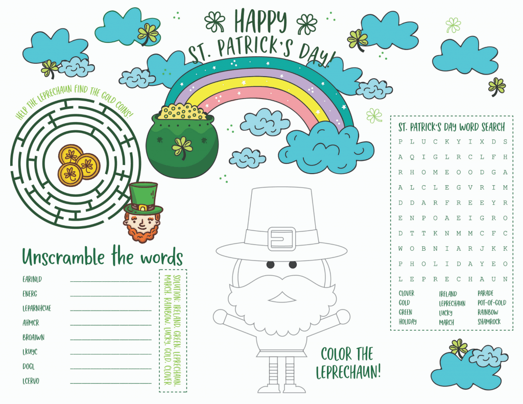 St patricks day placemat printable maze word search and more