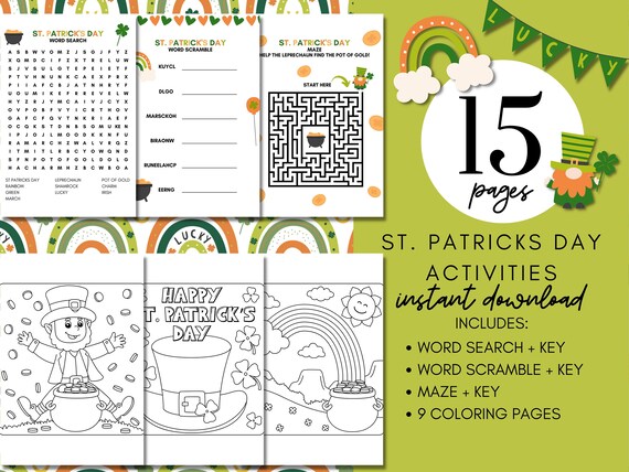 Kids st patricks day printable workbook st patricks day activities kids puzzles kids maze coloring pages printable digital download