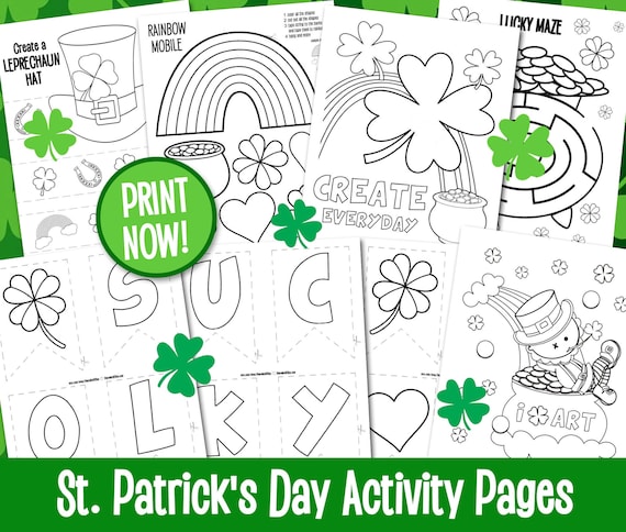 Kids st patricks day craft coloring sheets for homeschool elementary preschool printables coloring activity pages digital download