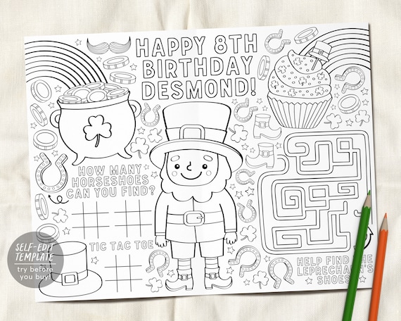 St patricks day coloring placemat for kids editable template