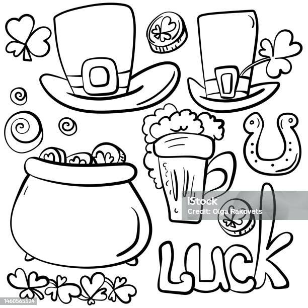 Set of outline doodles for st patricks day symbols of good luck in a simple linear style stock illustration
